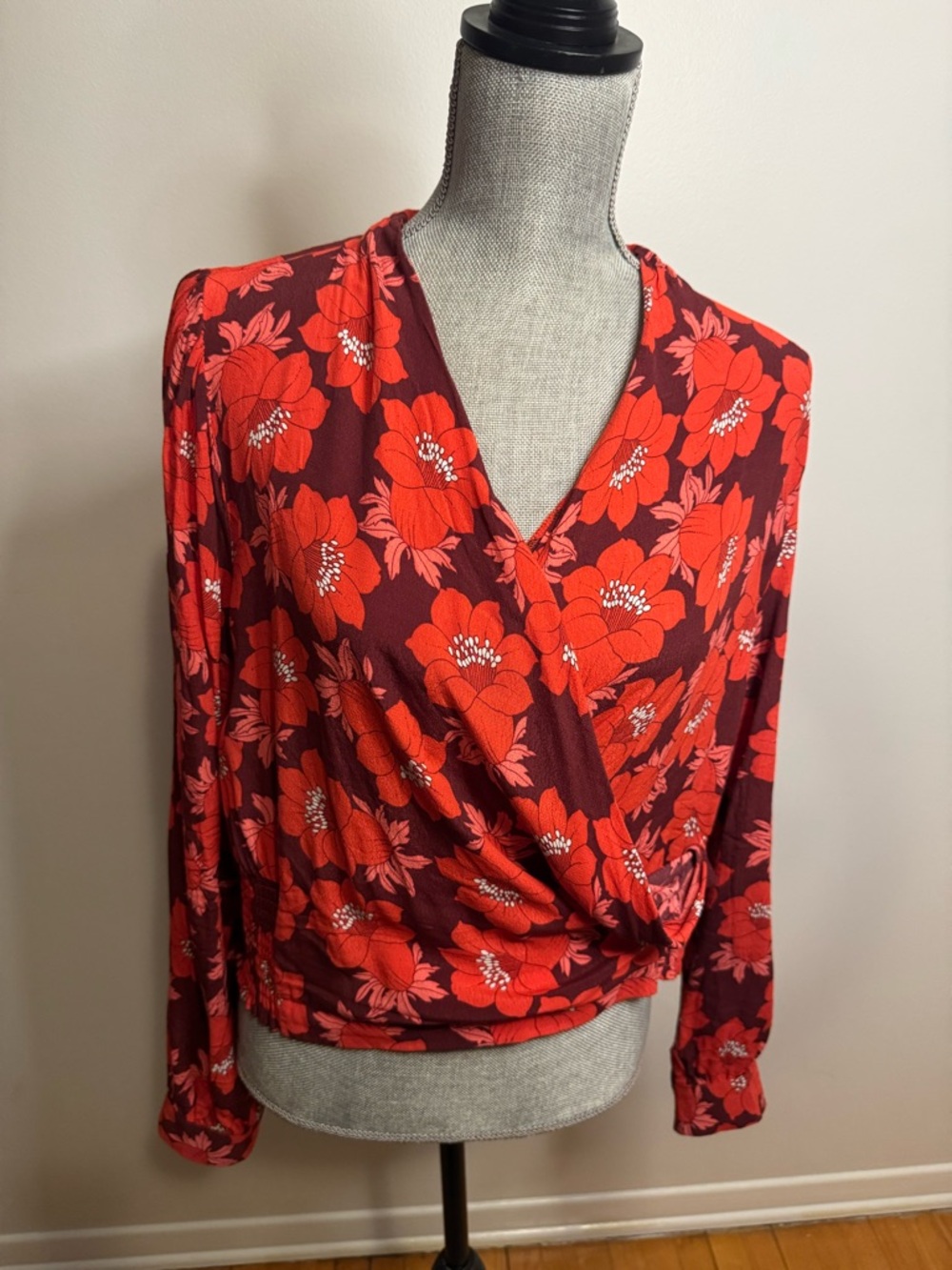 Women's Red Floral Wrap Top